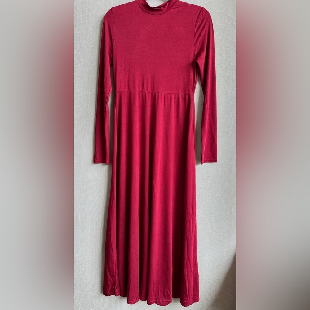 Burgundy Mock Neck Long Sleeve Stretch Jersey Maxi Dress Minimalist Modest Dress